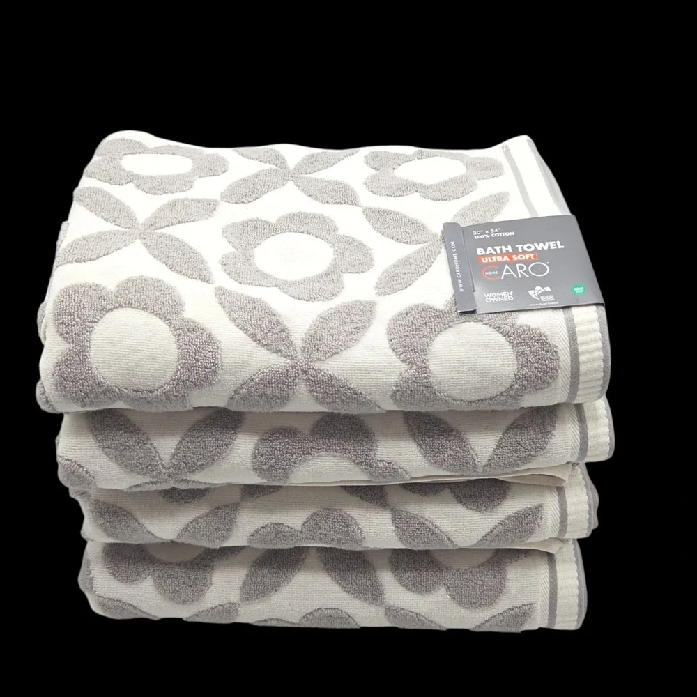 Caro Home 4pc Gray And White Daisy Days Soft Cotton Bath Towel Set 30x54in